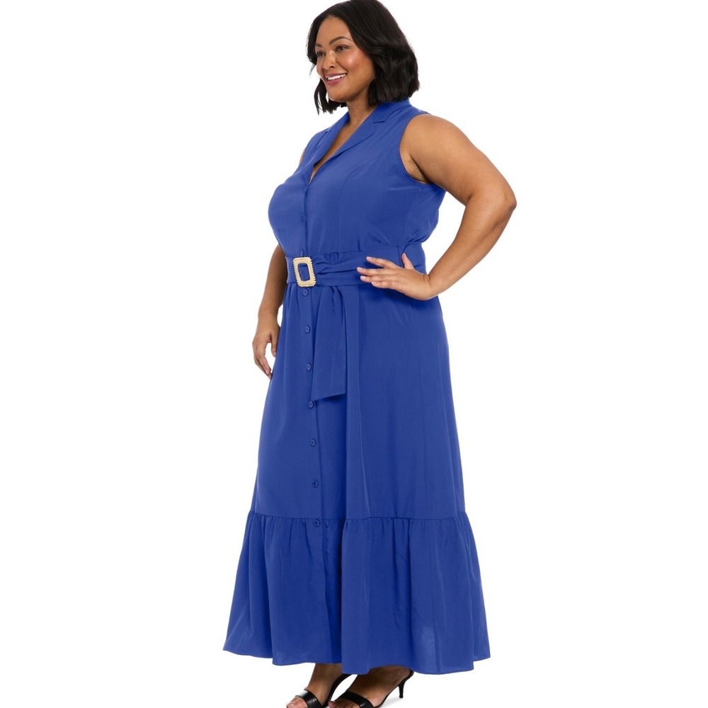 London Times Woman Blue Sleeveless Belted Maxi Shirt Dress 1X Mazrn Blue NEW